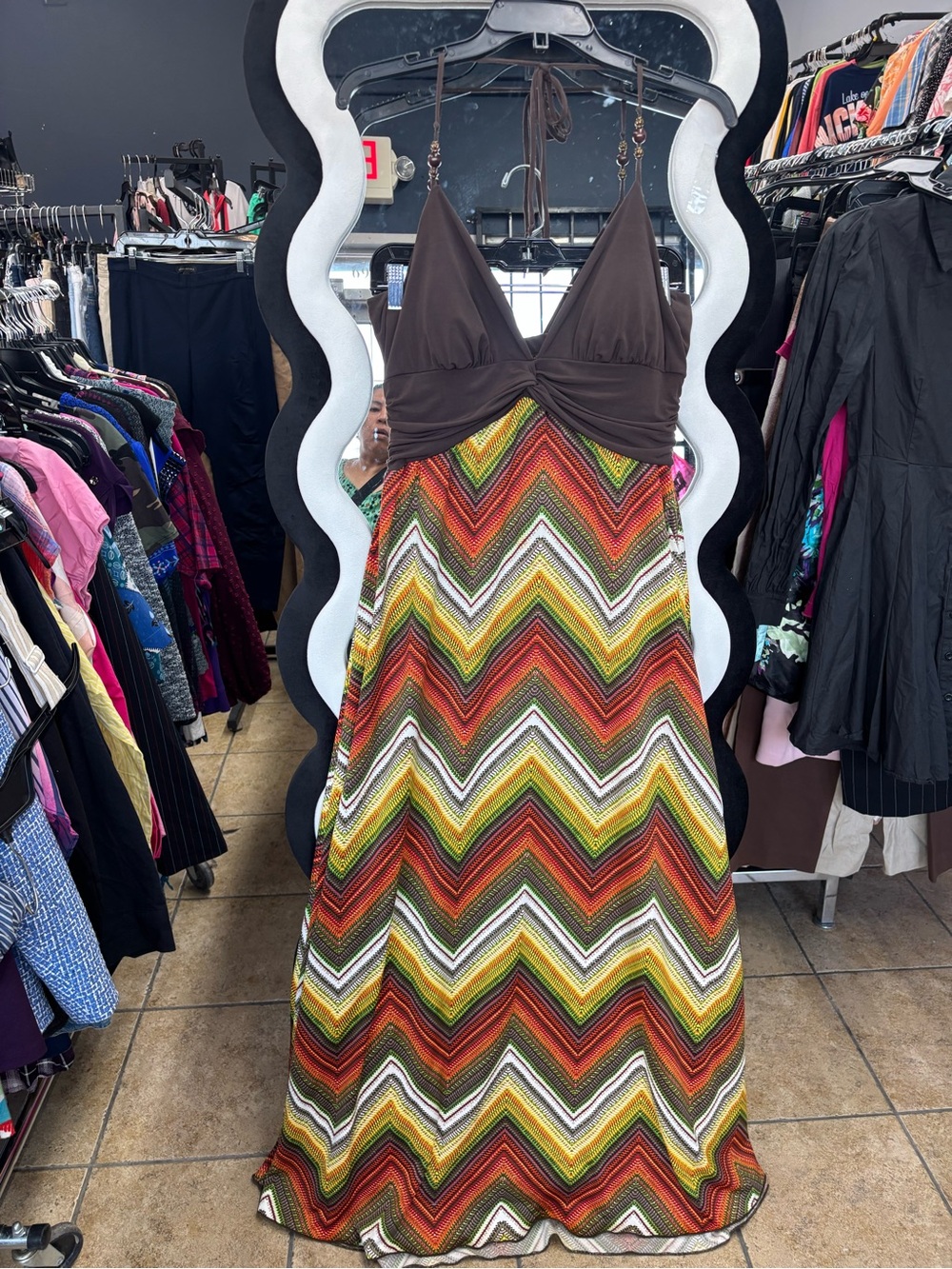 Speechless Brown Halter Maxi Dress with Multicolor Chevron Skirt